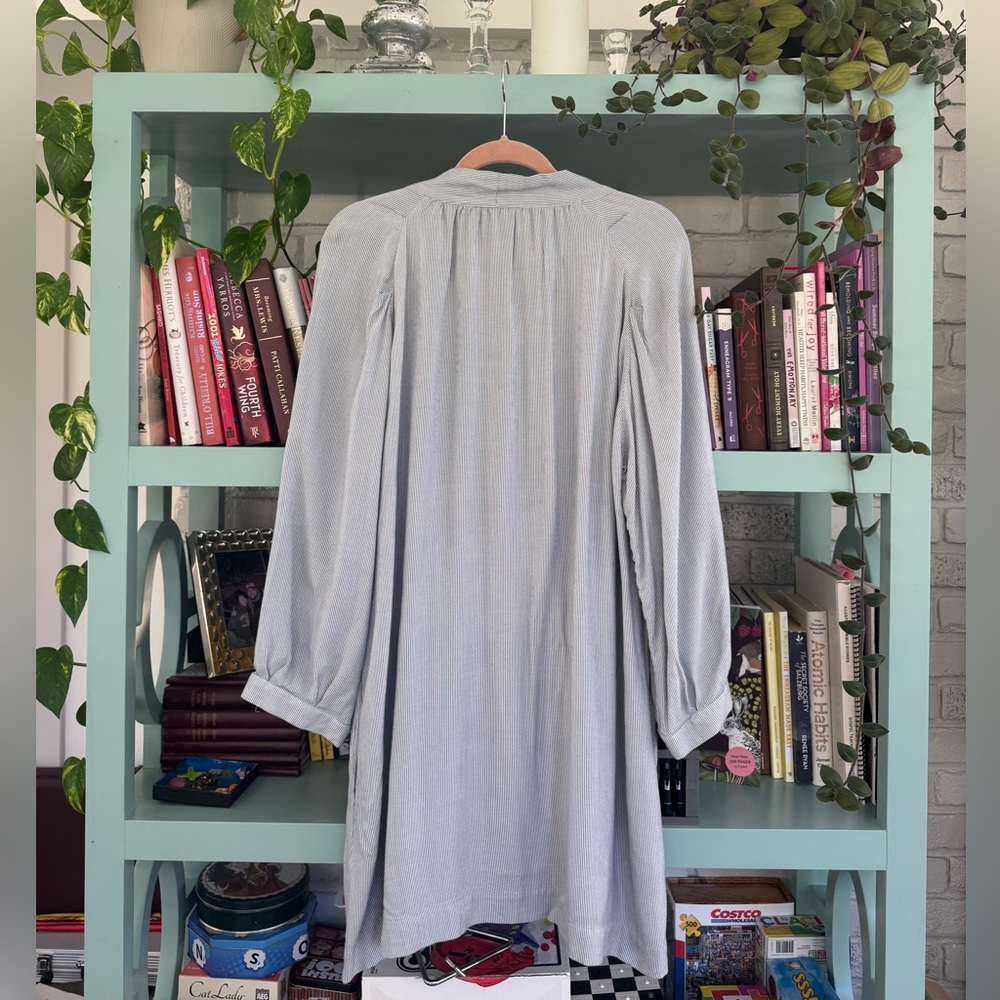 BURU Light Blue and white striped Button-Up Dress with Tie - Picture 3 of 4